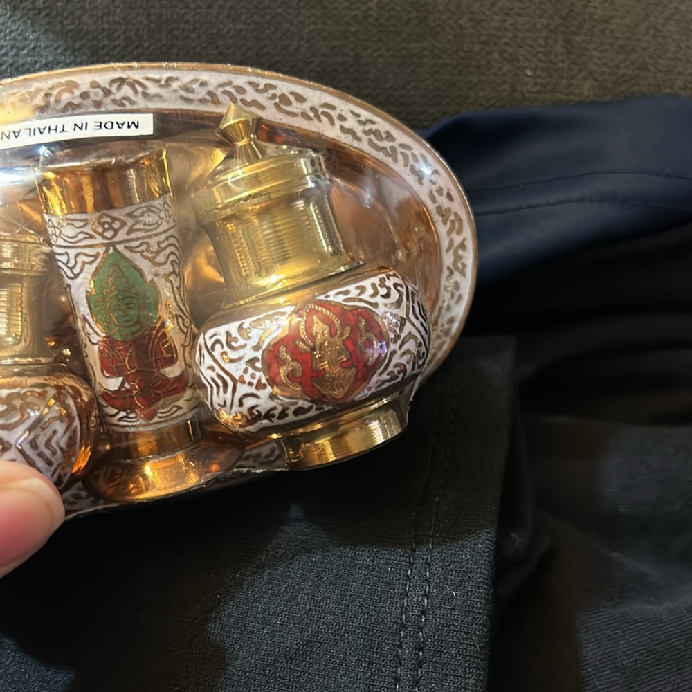 NWT brass enamel salt & pepper shakers,tray,toothpick holder - Picture 2 of 6